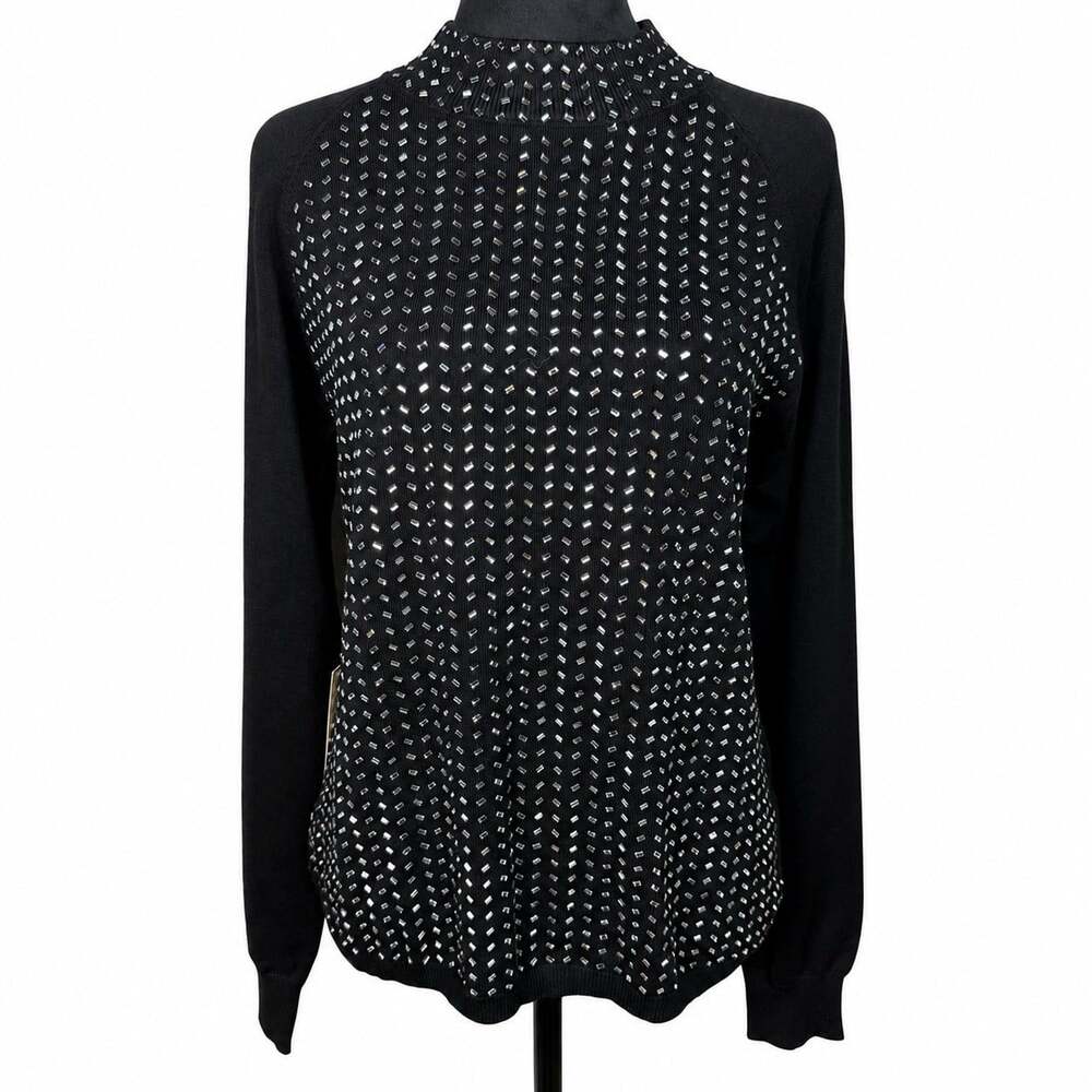 Cache Black Rhinestone Embellished Front Sz Medium  Mock Neck Sweater NWT